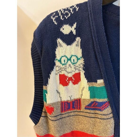 Sweater Loft Button Vest New York USA Cat Lover Vintage Caridan - Picture 3 of 10